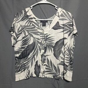 Tahari Womens XL 100% Linen Tropical Palm Leaf Print Button Front Cropped Top